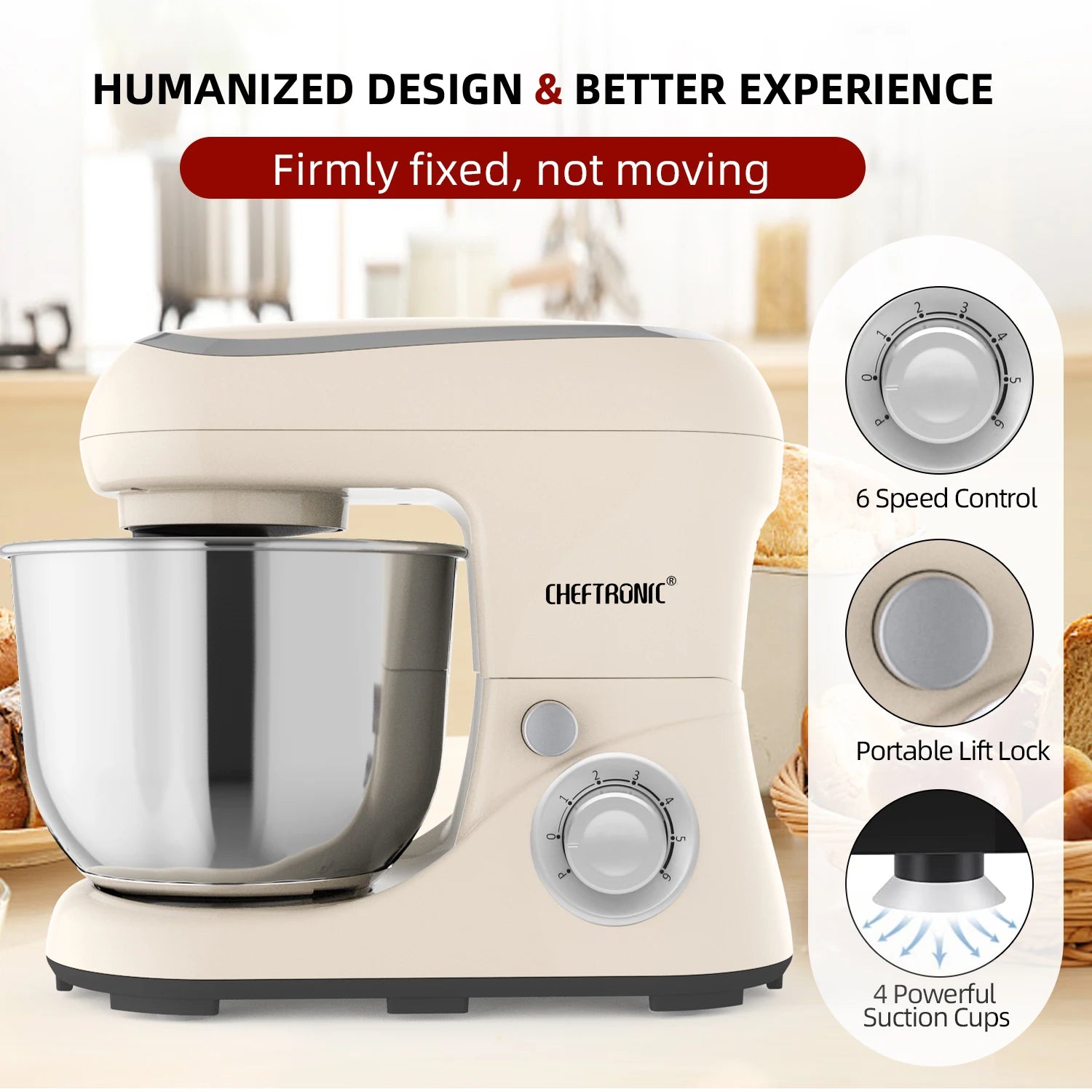 Impastatrice Planetaria CHEFTRONIC 5Qt 500W con Testa Inclinabile - 6 Velocità + Pulse per Impasti e Dolci