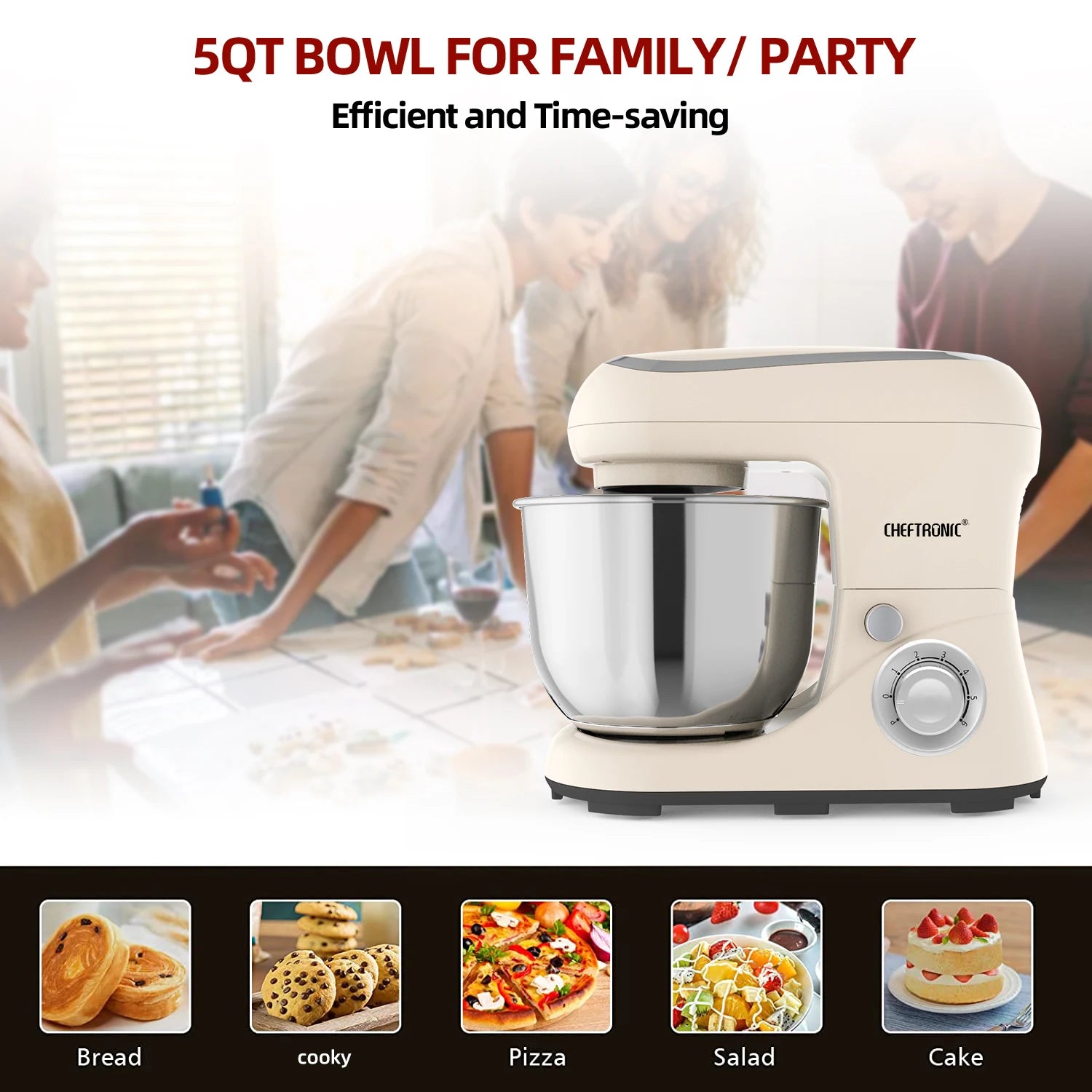 Impastatrice Planetaria CHEFTRONIC 5Qt 500W con Testa Inclinabile - 6 Velocità + Pulse per Impasti e Dolci