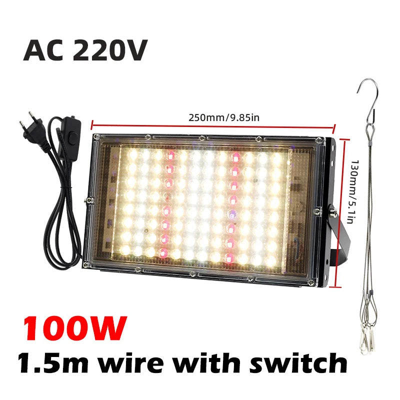 Luce di Crescita LED per Piante a Spettro Completo 380-840nm IP65 - 50W 100W 300W per Serra Indoor e Coltivazione