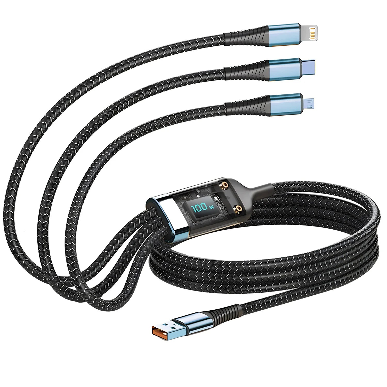 Cavo di Ricarica Veloce 100W Cavo Multicaricatore in Nylon Intrecciato USB Multiplo Universale 3 in 1 con Adattatore Type-C Micro
